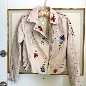 Embroidered Pale Pink Vegan Leather Moto Jacket